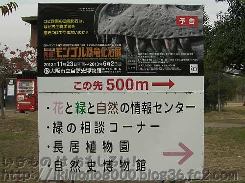 長居公園にある「発掘！　モンゴル恐竜化石展」会場まで５００ｍの看板