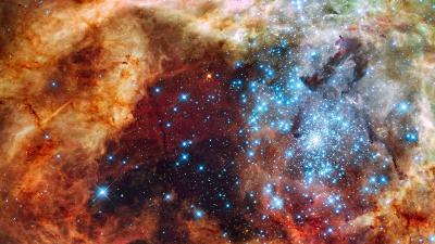 かじき座30星雲（30 Doradus Nebula）で2つの星団が衝突する初期段階のものとみられる画像