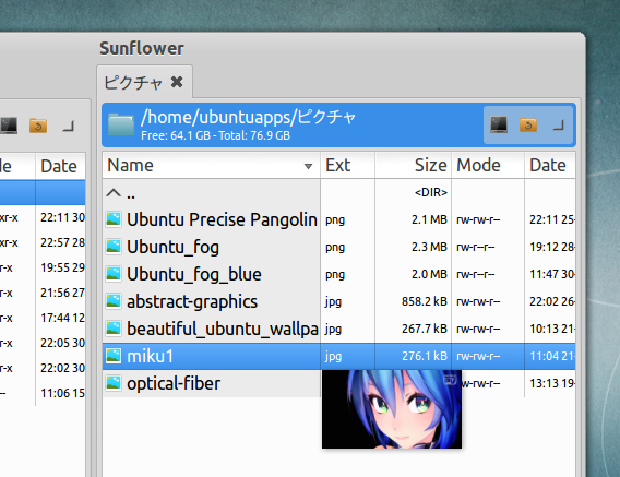 Sunflower Ubuntu ファイルマネージャ 画像のプレビュー
